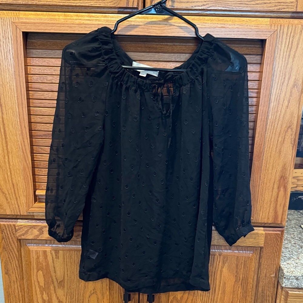 LOFT Black Sheer Swiss Dot Peasant Blouse